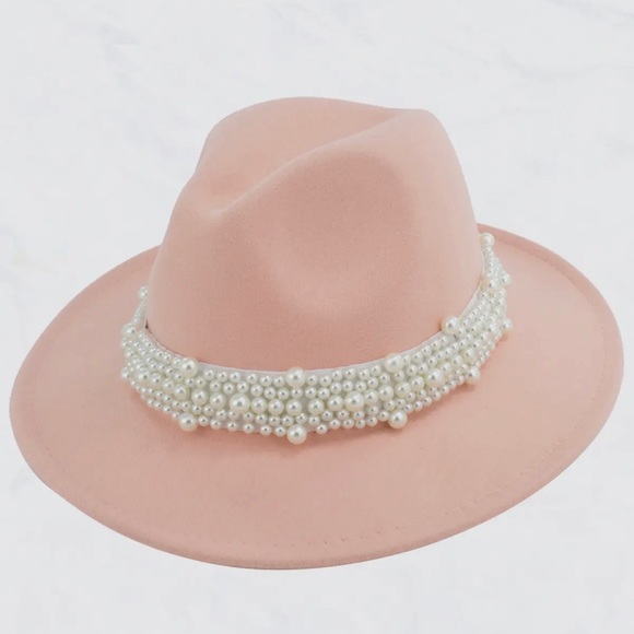Light Pink Fedora Jazz Hat with Wide Pearl Belt - Picture 1 of 6
